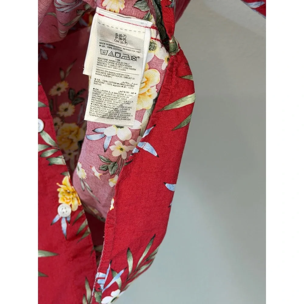 Old Navy Boys Red Floral Hawaiian Shirt Short Sleeve Tropical Button Down